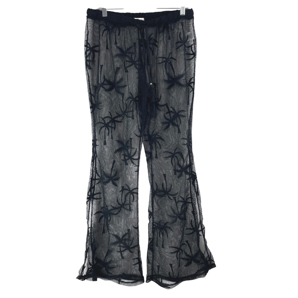 Miken Swim Womens Black Sheer Mesh Palm Tree Beach Cover Up Pants Large Tassel